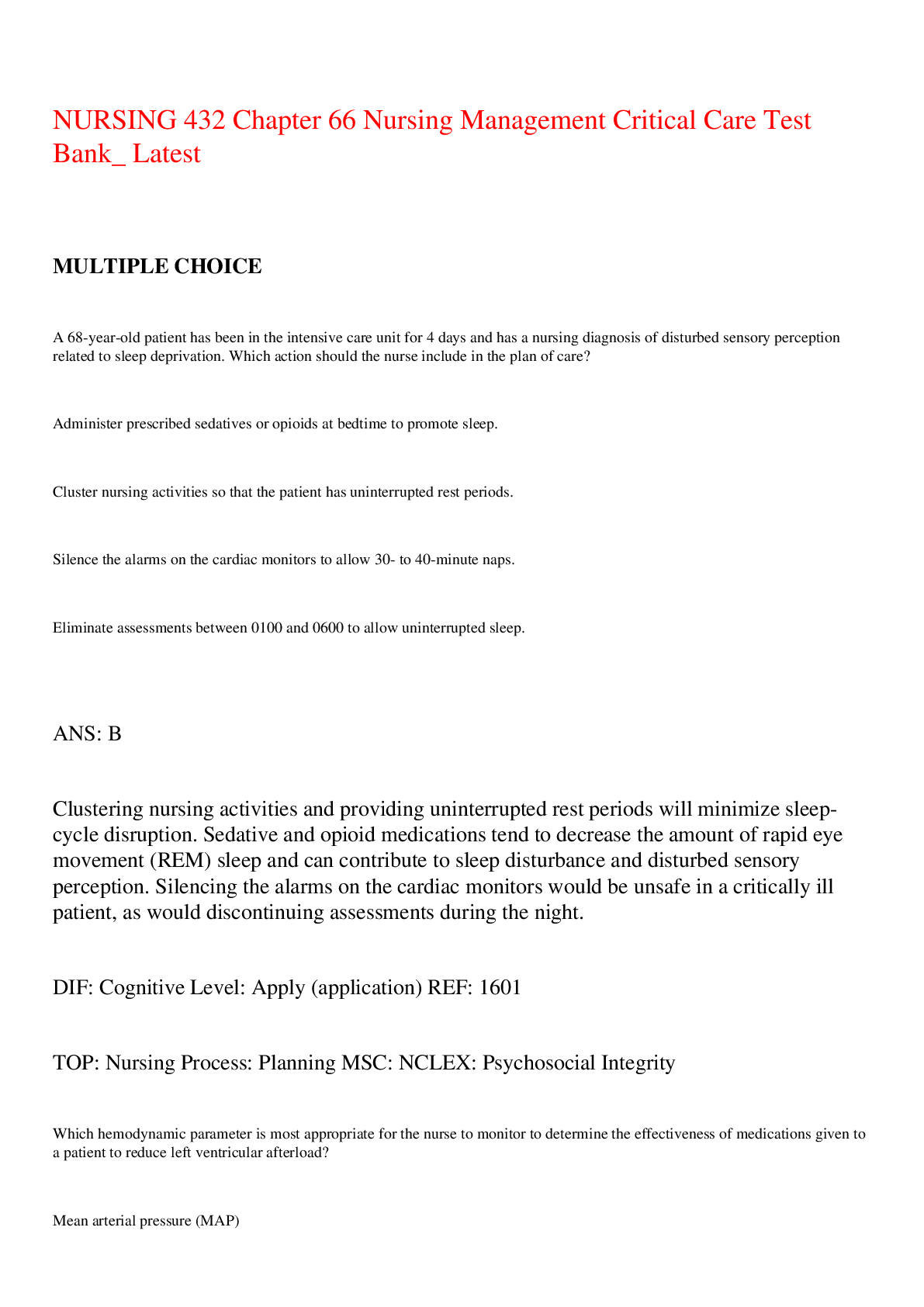 Preview image for NURSING 432 Chapter 66 Nursing Management Critical Care Test Bank_ Latest